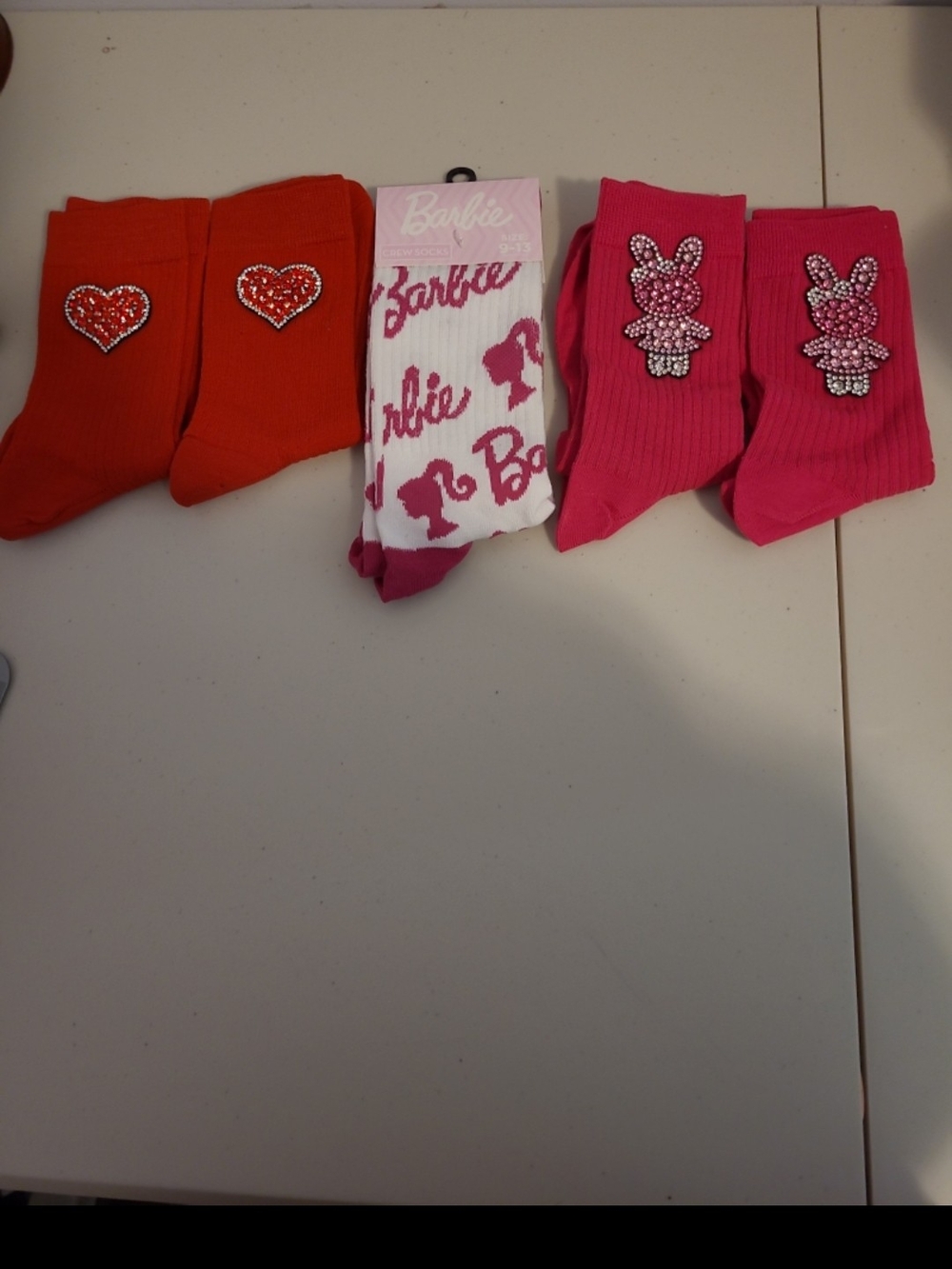 Barbie Womens Red & Hot Pink Logo and Heart Crew Socks Set